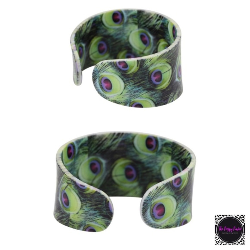 NEW Vibrant Peacock Feather Acrylic Cuff Bracelet NWT